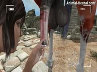 Manga girl lost in temple takes on a horse's cock